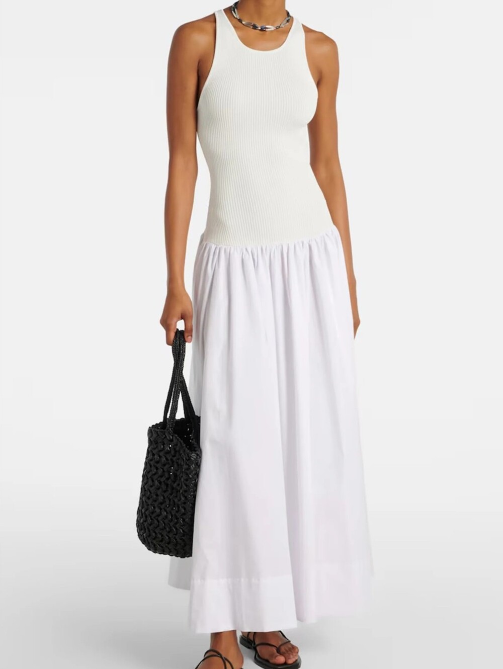 STAUD Yamila Mixed Media Drop Waist Maxi Dress White Ribbed Tank Cotton XL NWT